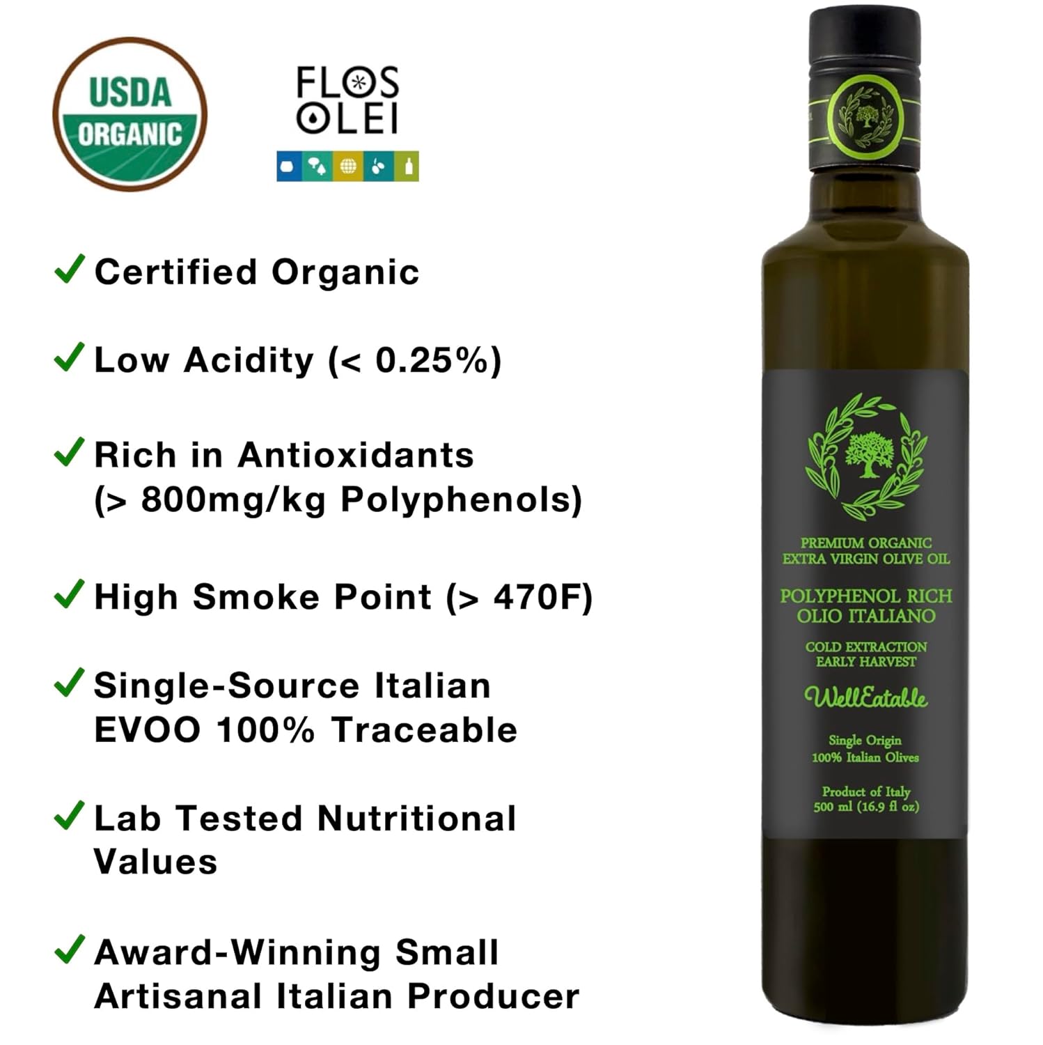 Polyphenol Rich (+800mg/kg) 2023 Fresh Harvest Olio Italiano | Organic Olive Oil, Extra Virgin from Italy, Lab Tested Nutritional Values, Early Harvest | 16.9 fl oz
