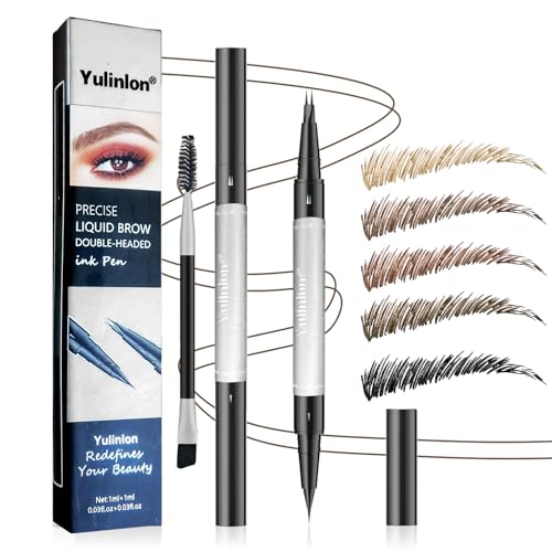 Double-Ended Eyebrow Pen, 0.01mm Micro-fork Tip,Waterproof Liquid Brow Ink, Micro-Fork and Fine Tips, 5 Shades (3#Dark Brown)