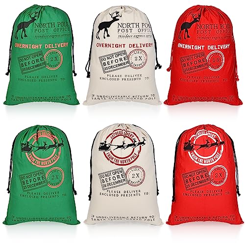 6 Pack Santa Sacks - Large Cotton Canvas Gift Sacks With Drawstrings - Reusable Xmas Stocking & Storage Bags - 27.5