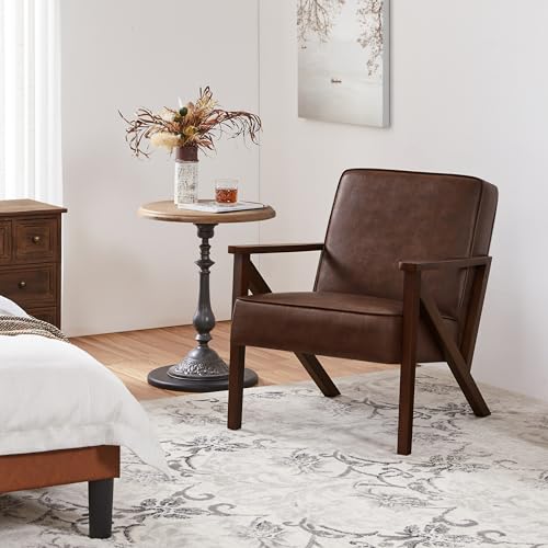 Yaheetech Accent Chair Faux Leather Armchair Lounge Chair with Wood Frame, Modern Retro Lounge Chair for Living Room/Office/Reception Area, Light Brown