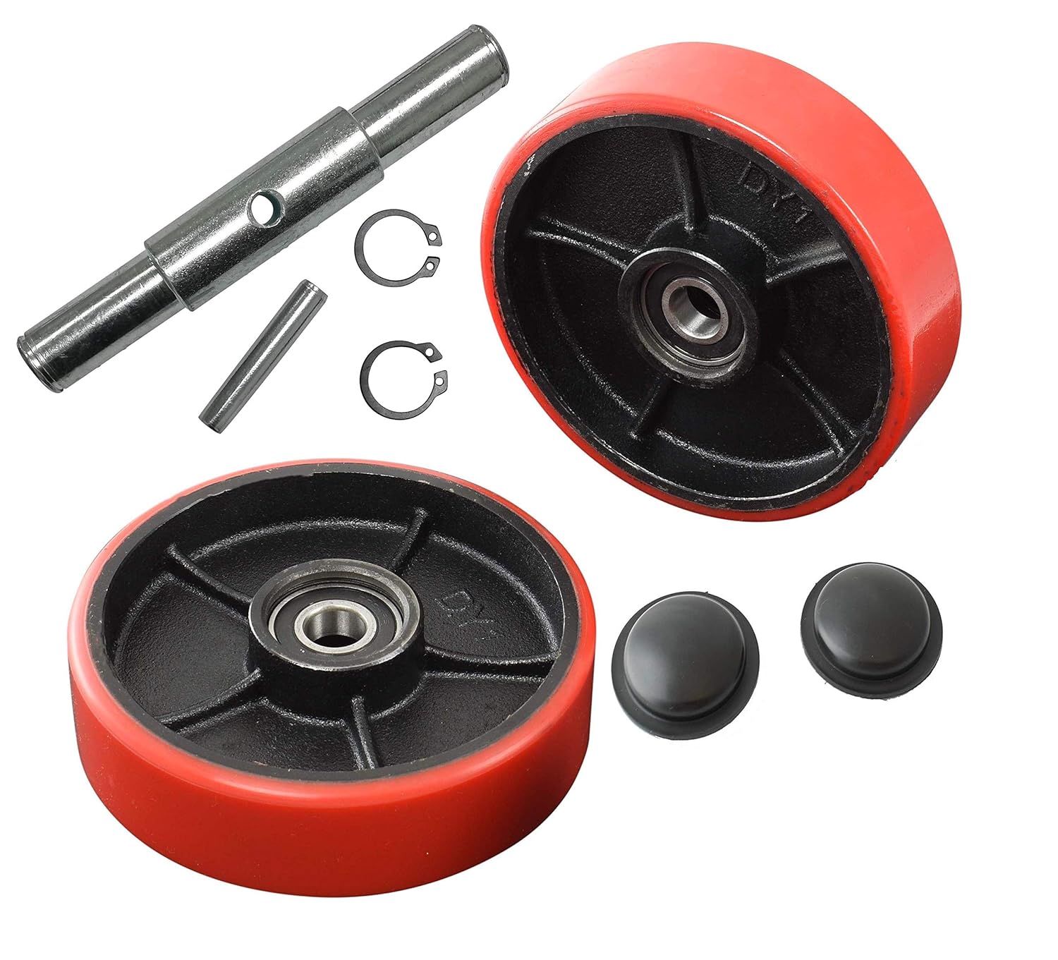 Pallet Jack/Truck Steering Wheels Set with Axle, Fasteners and Protective Caps (4 pcs) 7 x 2 with Bearings ID 20mm Poly Tread Red