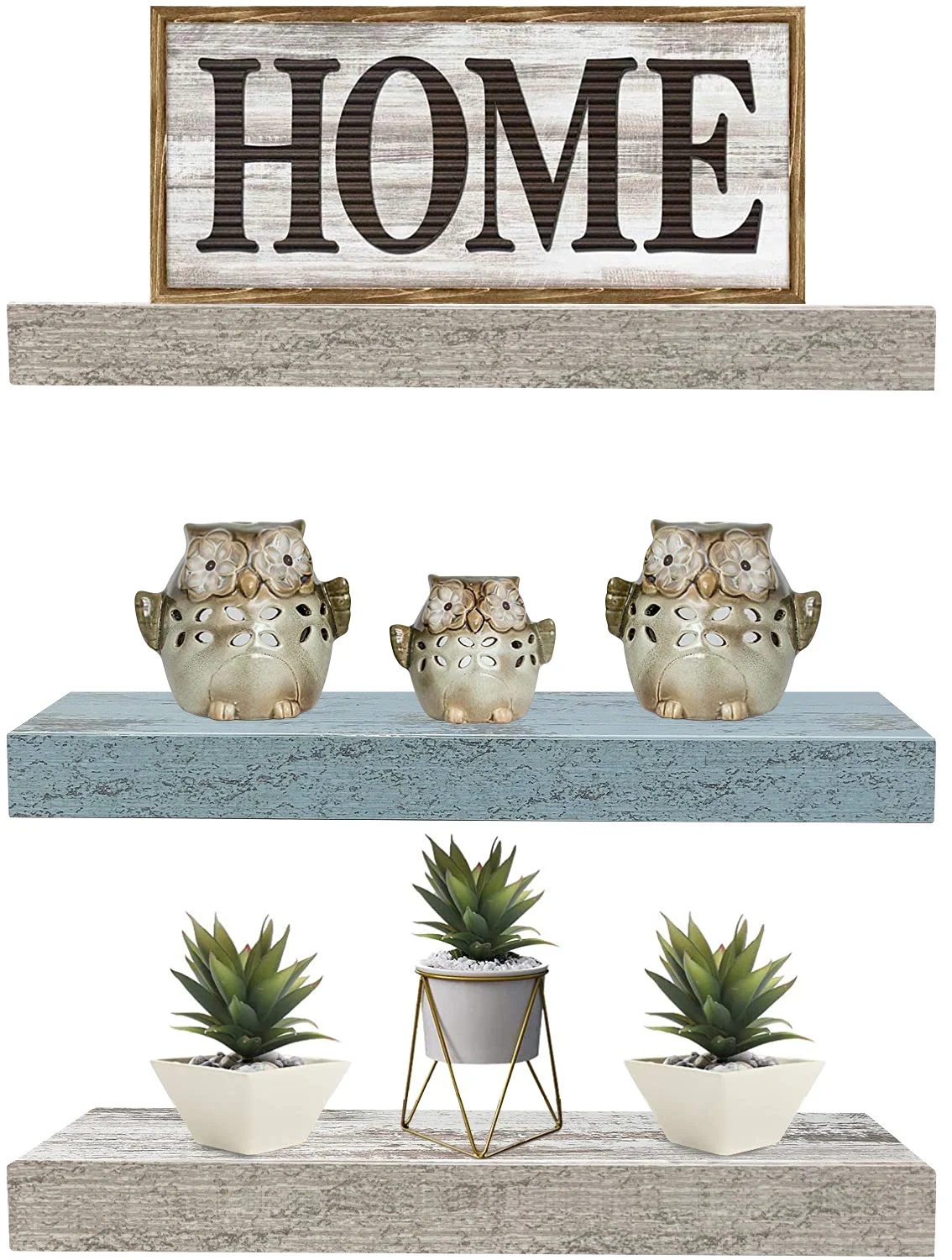 Sorbus 3-Pack Floating Shelves - Coastal Beach Decor, Rustic Wood for Bedroom, Living Room - White/Grey/Blue