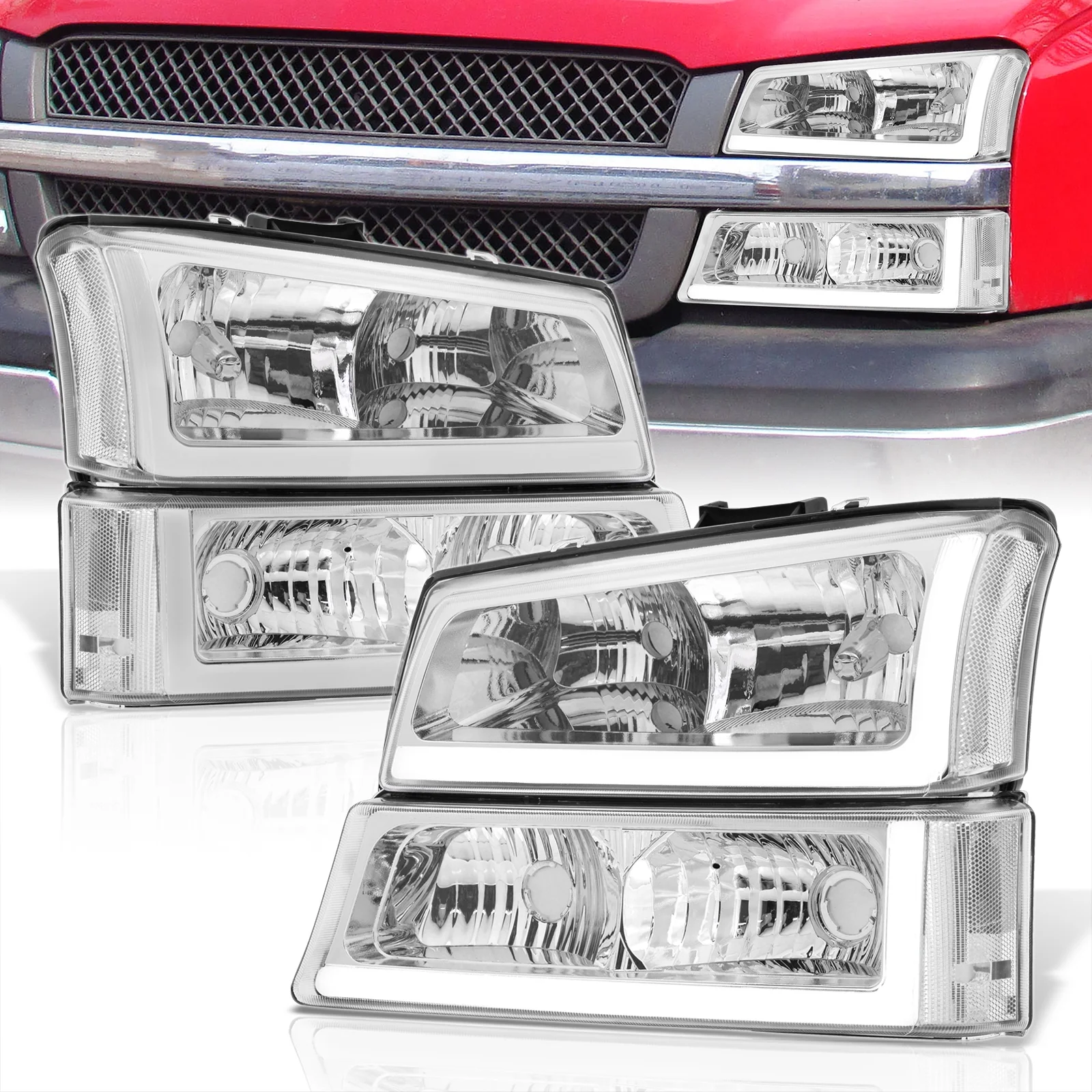 AJP Distributors LED DRL Chrome Housing Clear Lens Reflectors Signal Headlights Bumper Lamps Lights LH & RH Compatible/Replacement For Chevrolet Chevy Silverado 2003 2004 2005 2006 2007 03 04 05 06 07
