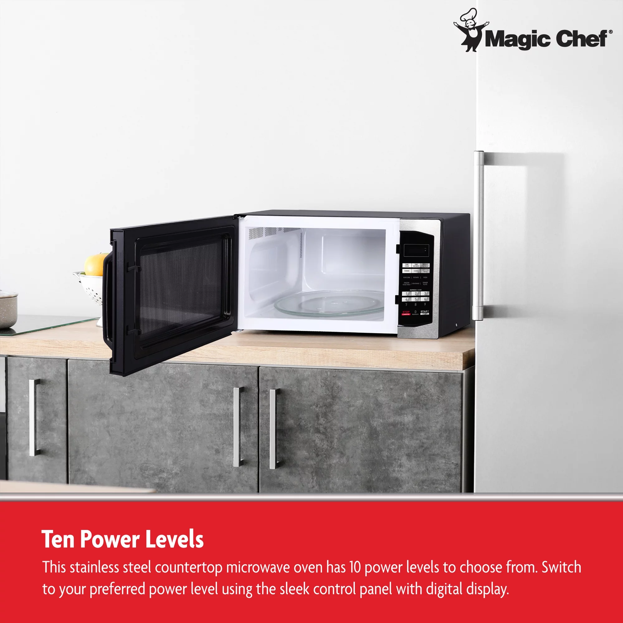 Magic Chef 1100 Watt 1.6 Cu. ft. Digital Countertop Microwave, Stainless Steel, New