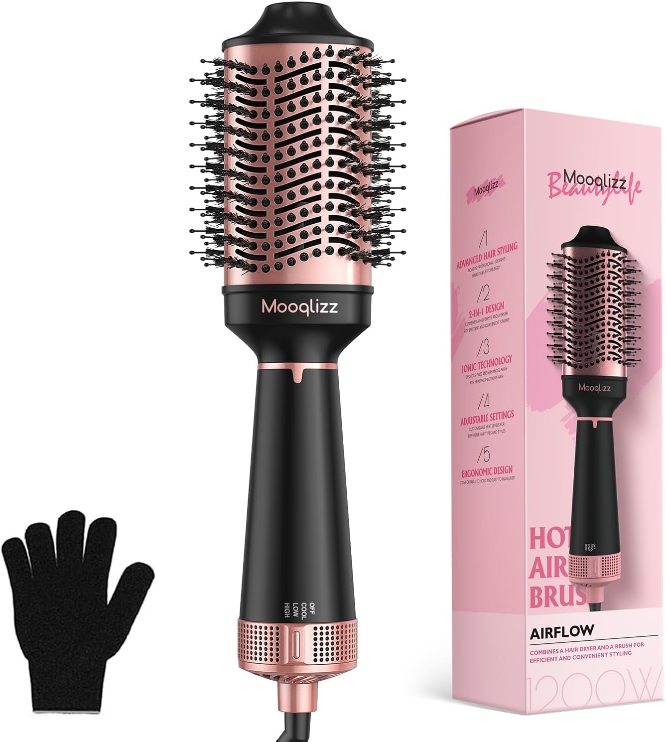 Hair Dryer Brush Blow Dryer Brush in One, Hot Air Brush Volumizer Round Brush, 4 in 1 Fast Drying Blowout Brush, Pink Black