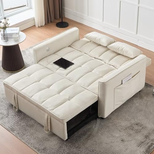 Modern 3 in 1 Convertible Sleeper Sofa Couch Bed with USB, Adjustable Backrest Velvet Pull Out Sofa Bed, Loveseat Sleeper Couch, Couches for Living Room, Bedroom, Apartment, Light Grey