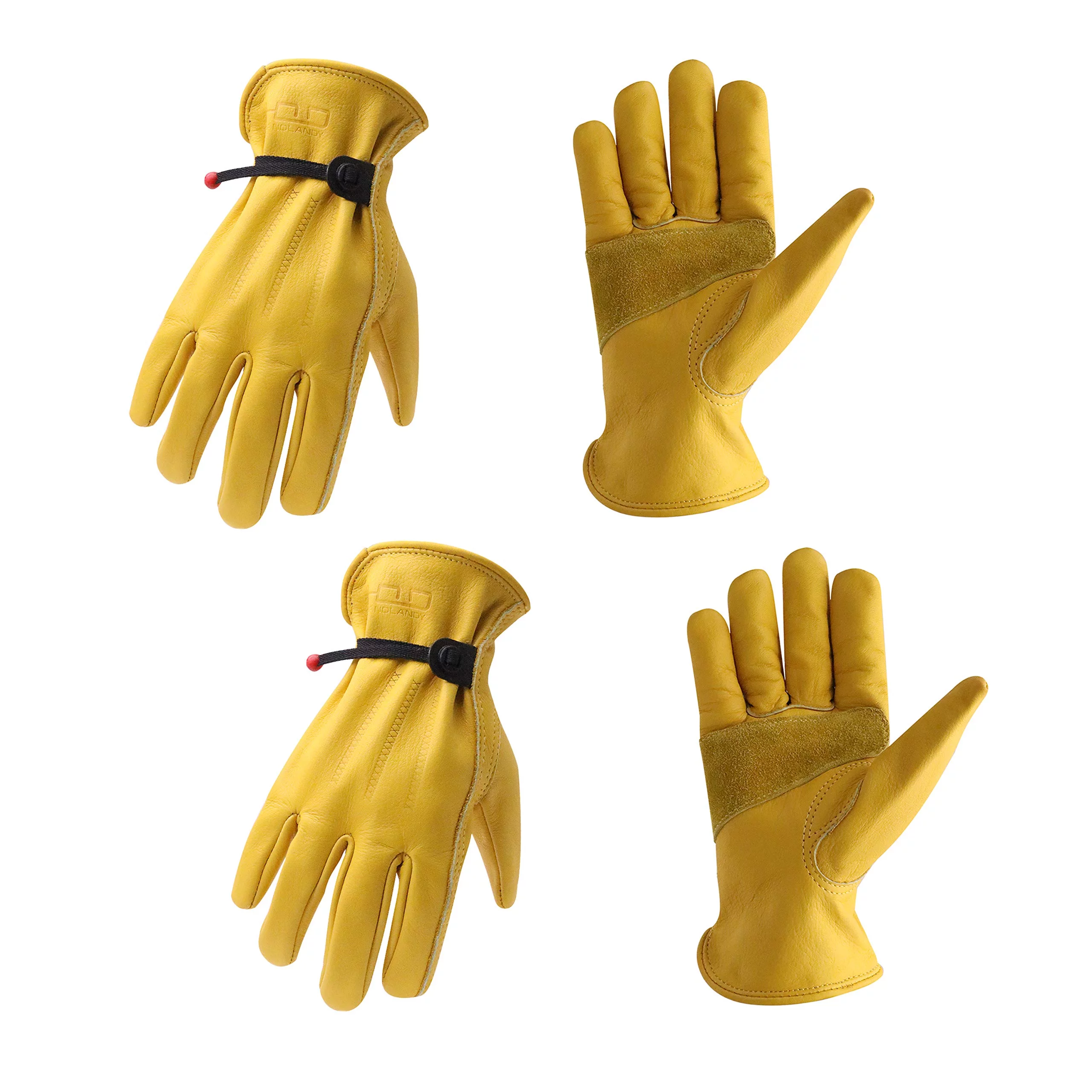 HANDLANDY 2 Pairs Cowhide Leather Work Gloves for Men Women,Adjustable Wrist, Puncture and Cut Resistant, Rigger Glove for Driver, Yardwork, Gardening (Small, Yellow)