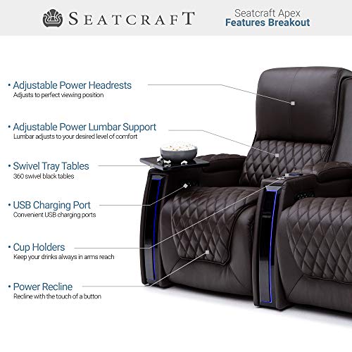 Seatcraft Apex Home Theater Seating - Living Room - Top Grain Leather - Power Recliner - Power Headrests - Power Lumbar - LED Armrests - SoundShaker - USB Charging - Cup Holders (Row of 2, Brown)