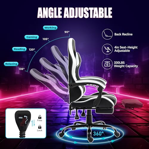 Massage Gaming Chair w/Footrest, Ergonomic High Back PC Chair w/Headrest and Lumbar, PU Swivel Home Desk Office Chair, Black