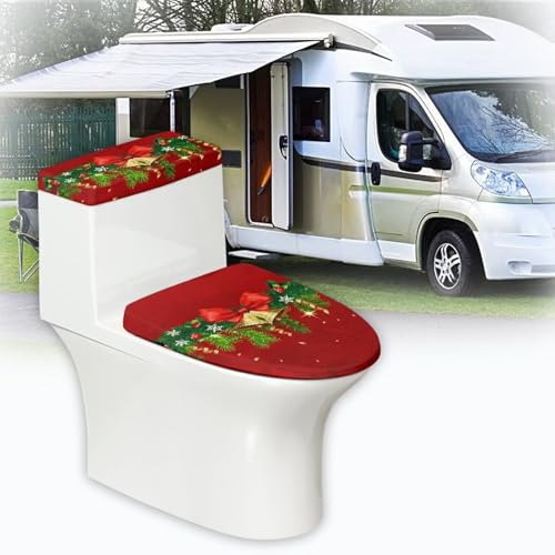 Christmas Bow Bell Toilet Tank Lid Cover and Toilet Seat Lid Cover 2 Pcs Set Toilets Covers with Elastic Cloth Fits Most Toilets Tanks & Lids