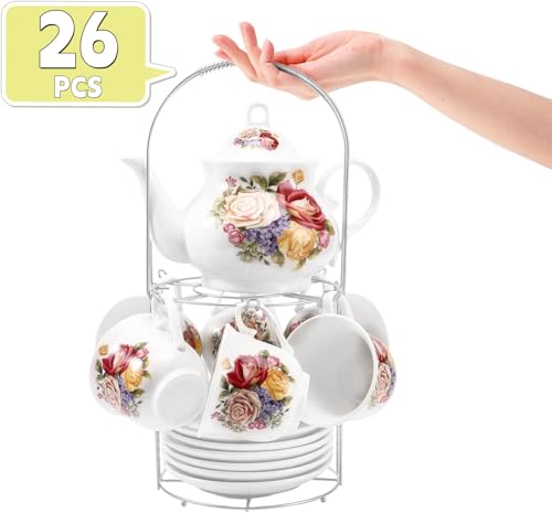 Tea Sets 26-Piece Porcelain Tea Set for Adults,Ceramic Tea Cups (7oz) & Teapot (28oz) with European Vintage Floral Design,Tea Sets For Women Tea Party High Tea,Ideal Gift