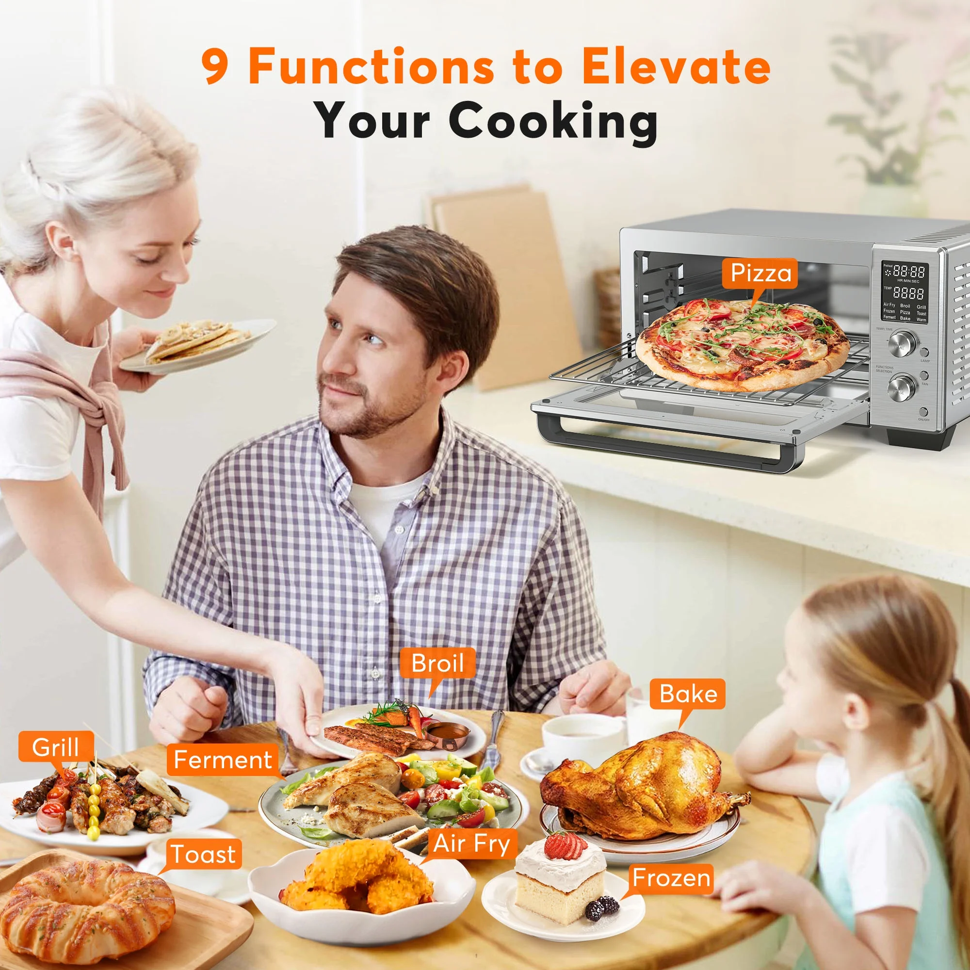 MOOSOO 30Qt Air Fryer Toaster Oven, Stainless Steel Air Fryer Oven, Knob Control, 9 Air Frying Preset Modes
