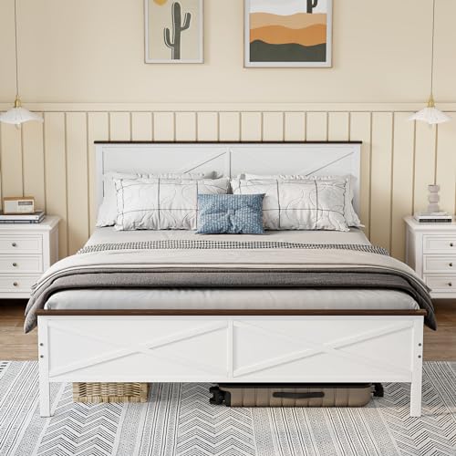 VOPEAK Farmhouse Queen Bed Frame with Headboard and Footboard, Bed Frame Queen Size Metal Platform with Under Bed Storage, Noise Free, No Box Spring Needed, Easy to Install, Sturdy & Stable, White