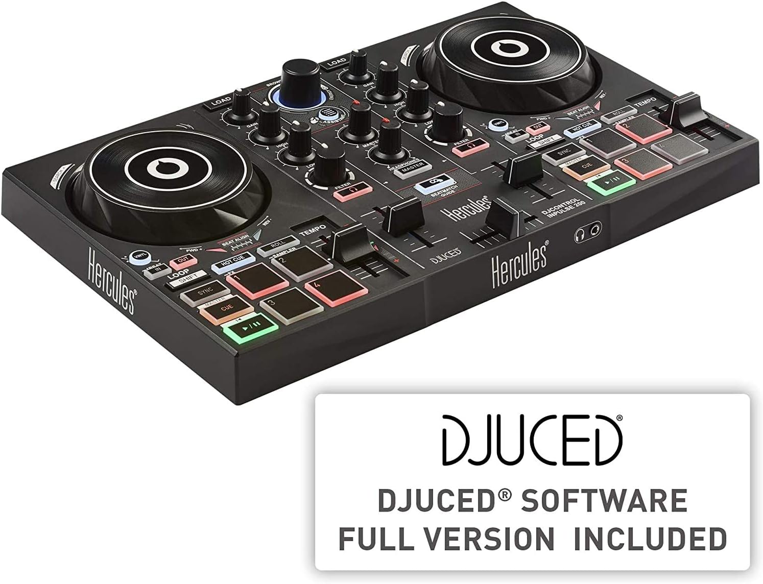 Hercules DJ Control Inpulse 200 | Portable USB DJ Controller with Beatmatch Guide with Over-Ear Stereo Headphones and Hosa TRS Cable + Cleaning Cloth