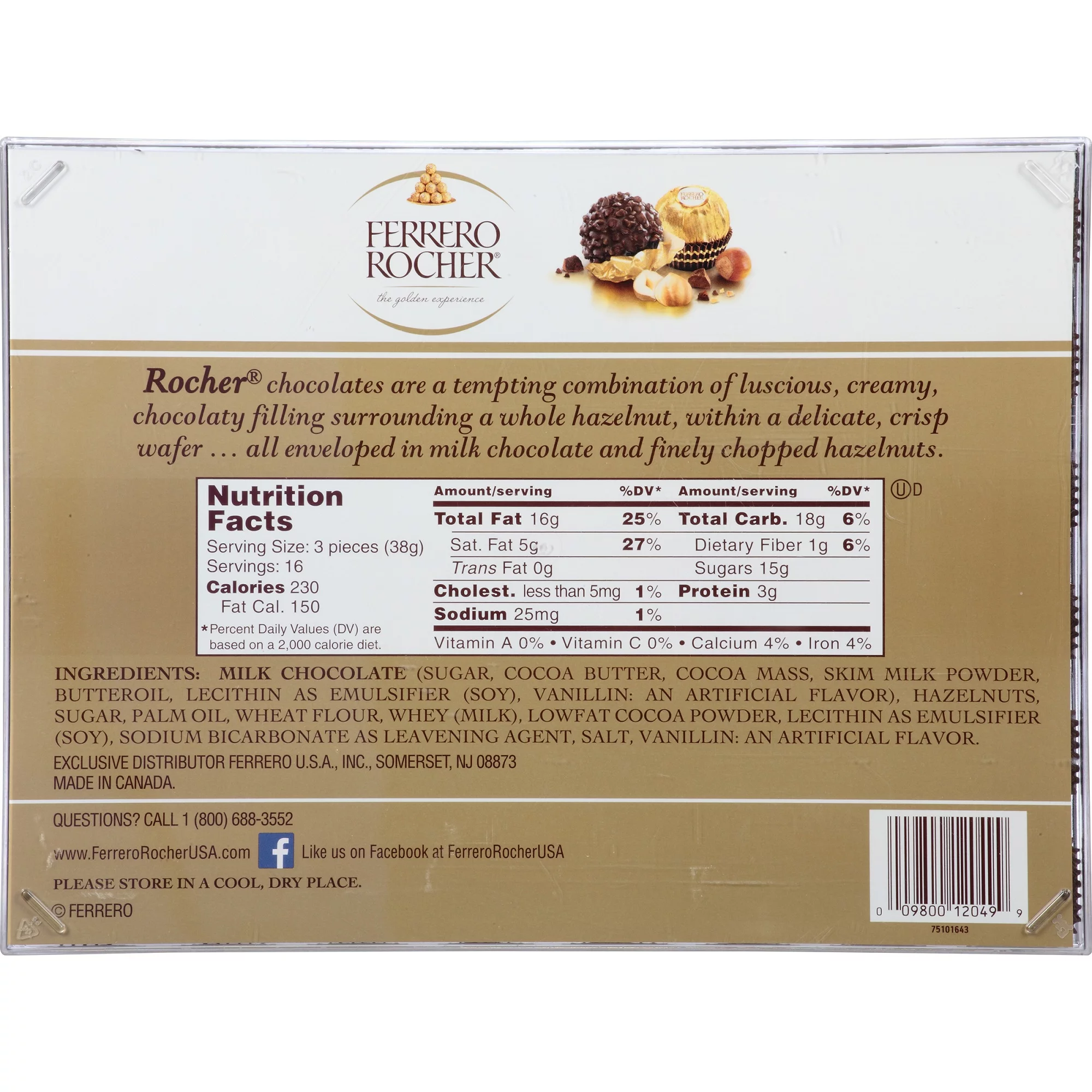 Ferrero Rocher Fine Hazelnut Chocolates, Chocolate Gift Box, 48 Count Flat, 21.2 oz