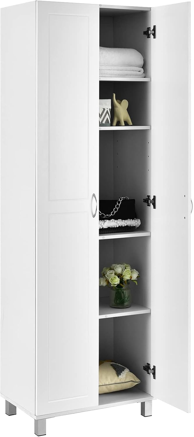 DORTALA 2-Door Tall Storage Cabinet, Morden Kitchen Pantry Cupboard Organizer w/ 5 Shelves, Wood Utility Floor Storage Cabinet, Multifunction Home Storage Furniture, White