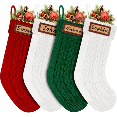 Personalized Christmas Stockings Knitted Set of 4: 18'' Large Knit Family Christmas Stocking Custom Name with Leather Patches White Red Green Bulk Xmas Stocking Hanging Decorations for Home Party
