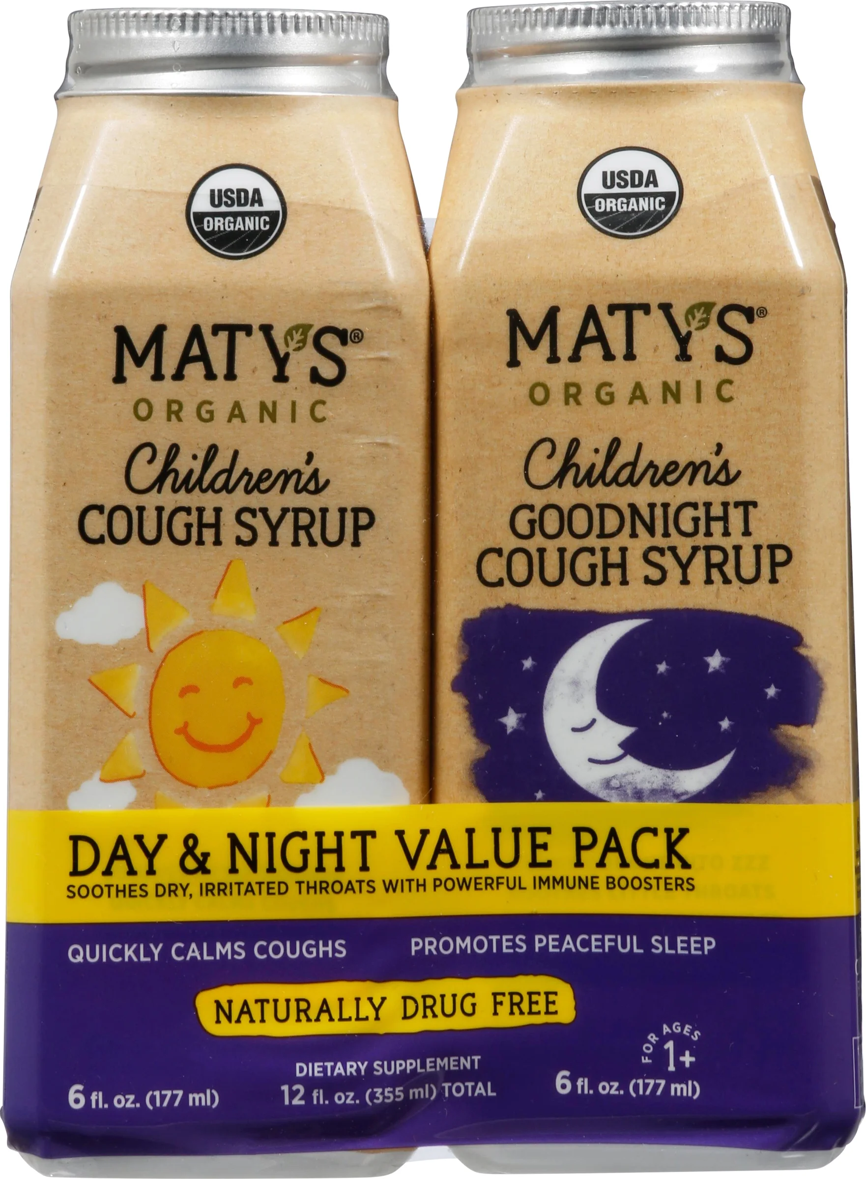 Maty's Organic Cough Syrup Value Pack - Daytime & Nighttime - Made with Organic Honey, Cinnamon, Chamomile & Nutmeg, 2-6fl oz Bottles