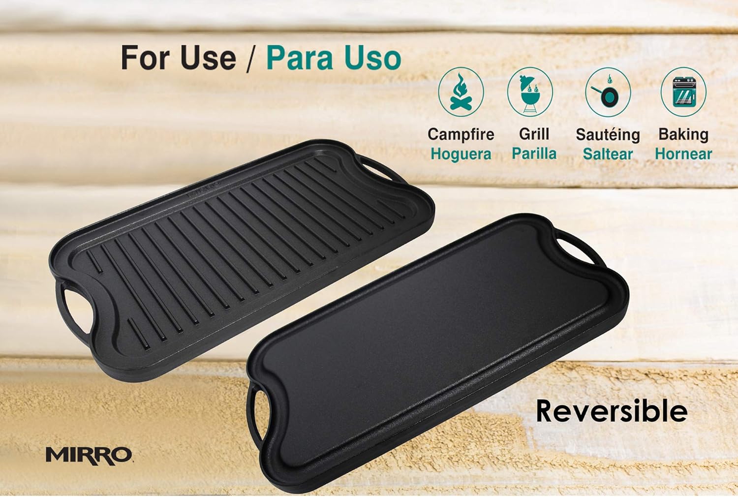 Mirro MIR-19055 Pre-Seasoned Ready to Use Cast Iron Reversible Grill/Griddle with Handles 20 Inch x 10.5 Inch, Black