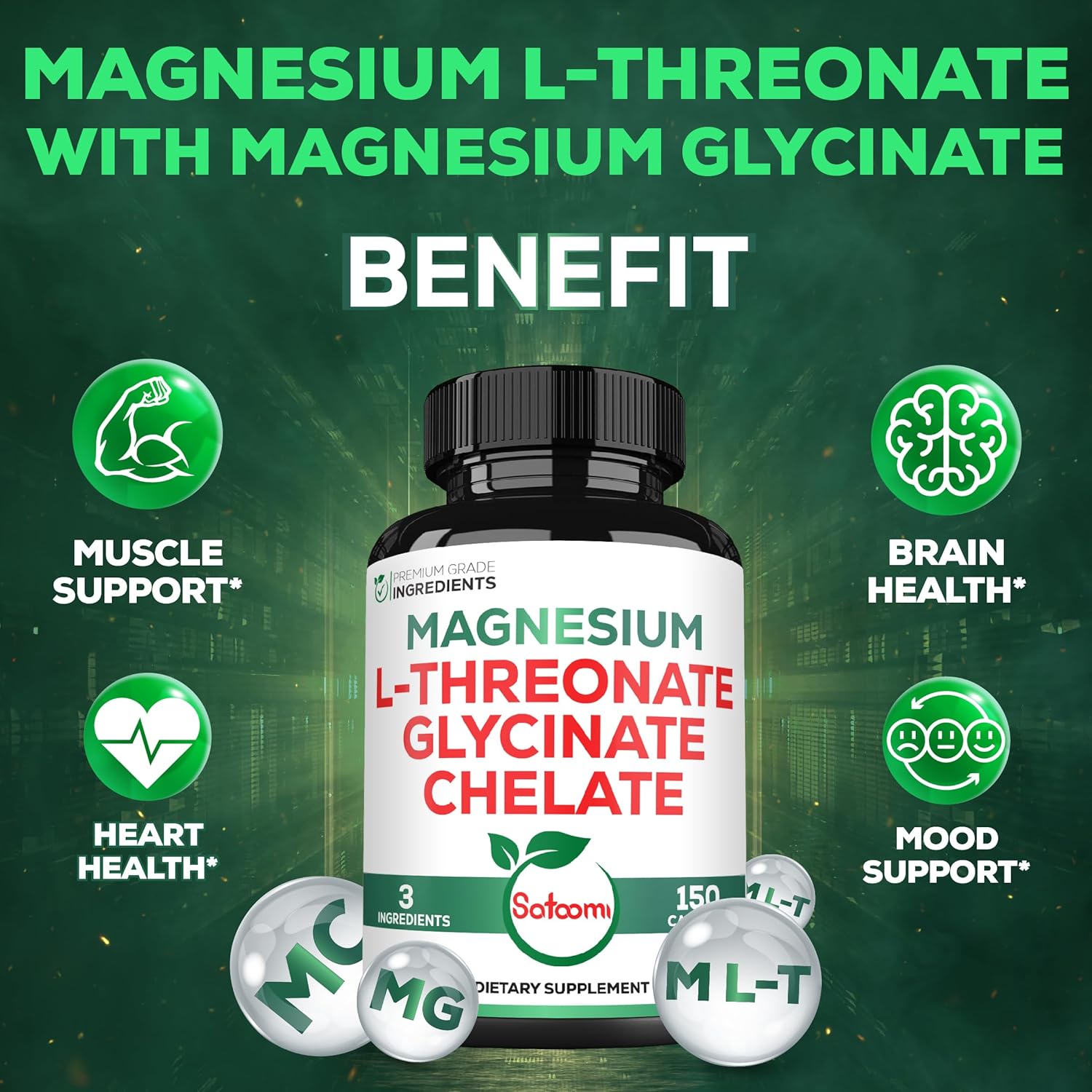 Satoomi 1200mg 3in1 Magnesium L-Threonate 500mg Supplement with Magnesium Glycinate 500mg & Magnesium Chelate 200mg - 150 Vegan Capsules