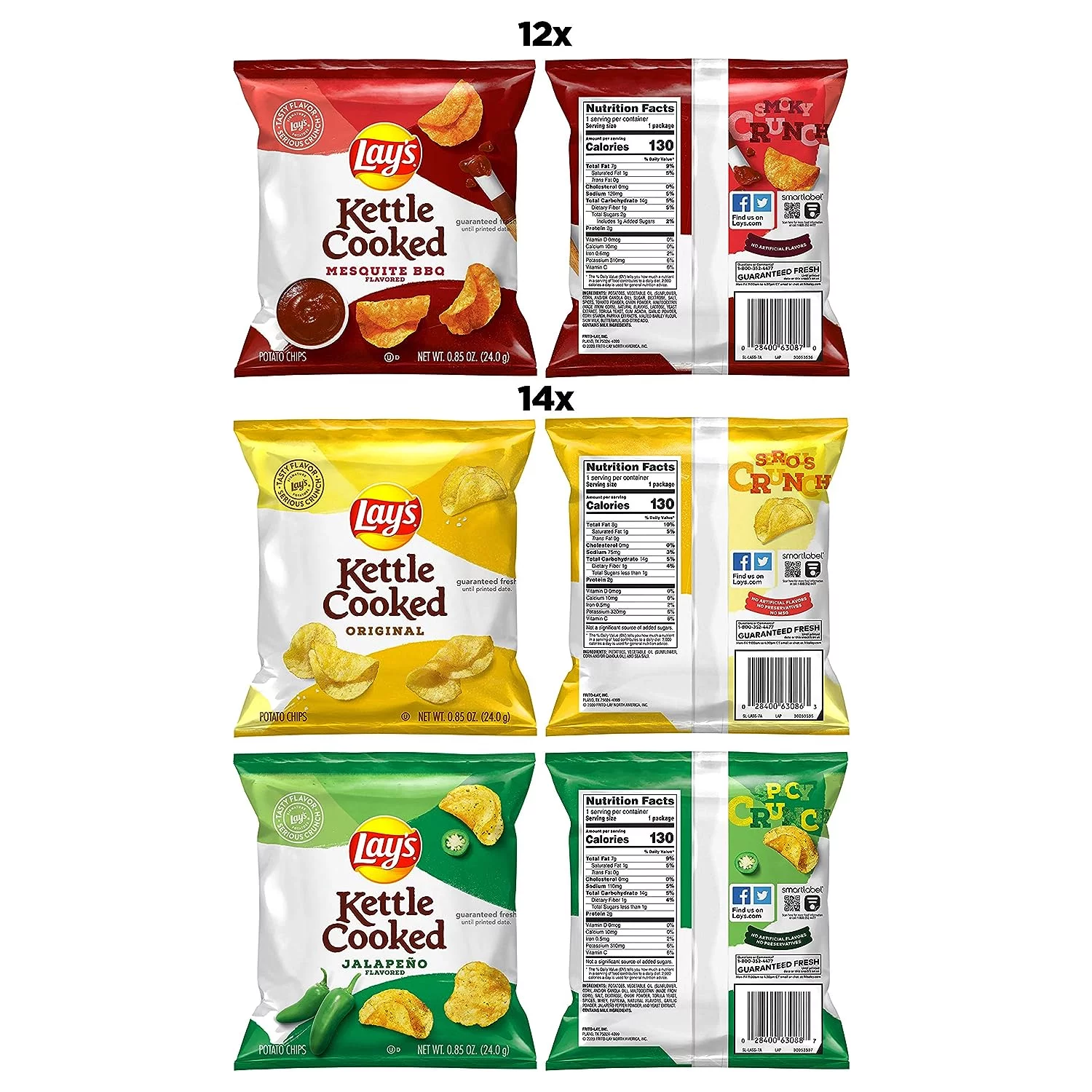 Lay's Kettle Cooked Potato Chips Variety Pack Snack Chips, 1oz Bags, 40 Count Multipack