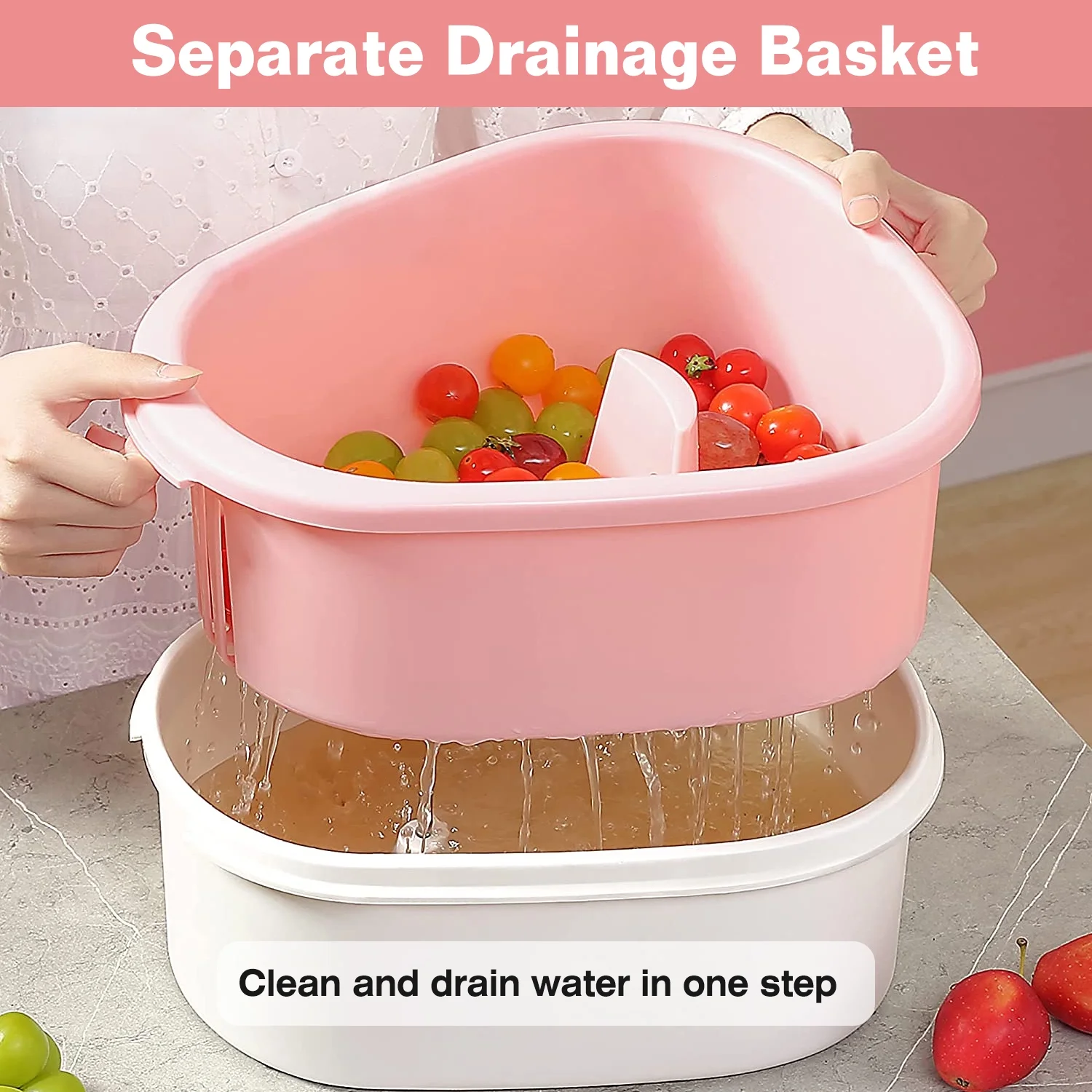 Fruit Vegetable Cleaning Device, iMounTEK Salad Washing Spinner with Brush Handle, Fruit Washing Machine with Bowl, Pink