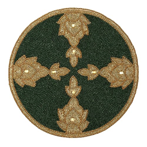 Handmade Green Gold Beaded Placemat 13 Inch Round - 1 Pack - Beautiful Elegant Decorative Table Mat for Dining Table Décor/Christmas/Farmhouse/Wedding/New Year/Party/Birthday
