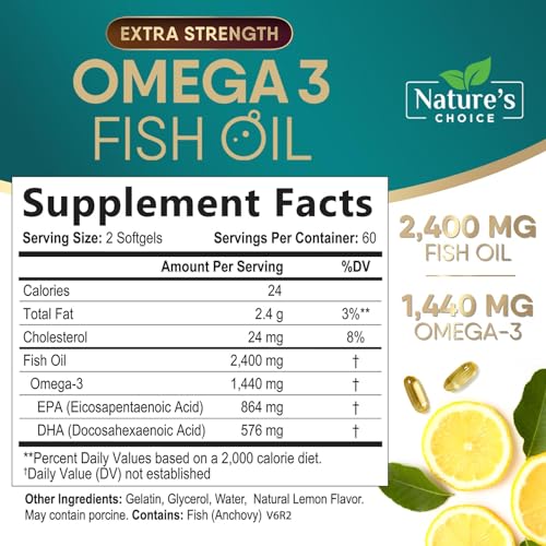 Triple Strength Omega 3 Fish Oil 2400 mg Supplement, Nature's Omega-3 Supplements, Brain & Heart Health Support - EPA & DHA, Fish Oil in Each Softgel, Fatty Acids Fish Oil Supplement - 120 Softgels