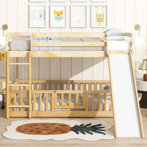 Bunk Beds Twin Over Full Size, Pine Solid Wooden Bunk Bed with Slide, Storage Staircase, Safety Guardrails for Kids, White