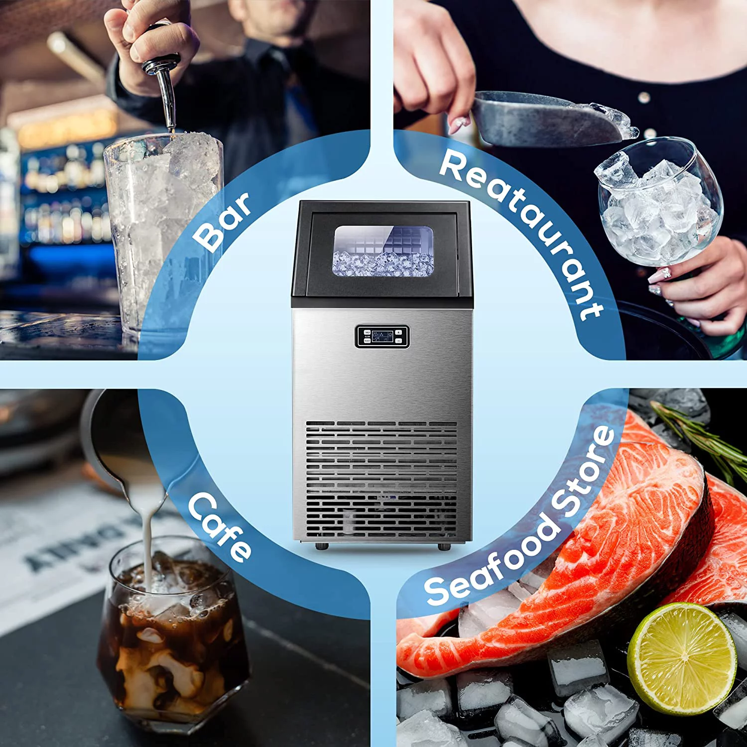 Auseo Commercial Ice Maker Machine, 100Lbs/Day, 45 Cubes/Batch in 11-20 Mins, Stainless Steel Freestanding Ice Maker with 2 Self-Cleaning,Water Inlet Modes for Home/Restaurant/Bar