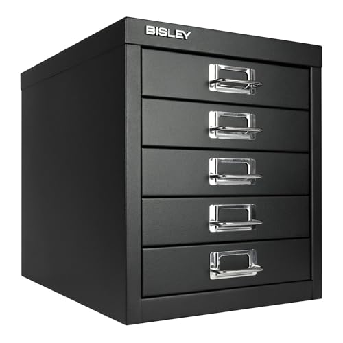Bisley 10-Drawer Steel MultiDrawer Cabinet - Black, Chrome Pull Handles with Label Holders, Powder-Coated Steel, Removable Drawers, Fits Under Most Desks, Labels Included