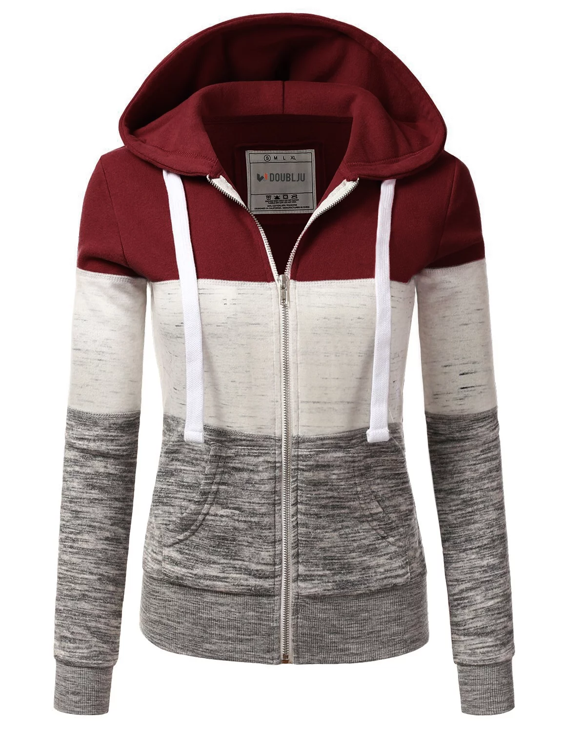 Doublju Women's 3 Color Block Pocket Zip-Up Hoodie Jacket for Women with Plus Size