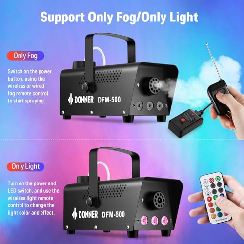 Donner Fog Machine with 13 Colors, 500W 2000CFM Party Smoke Machine with RGB LED Light, Indicate Light with 2 Wireless Remote Controls for Halloween Festival Wedding Indoor Use