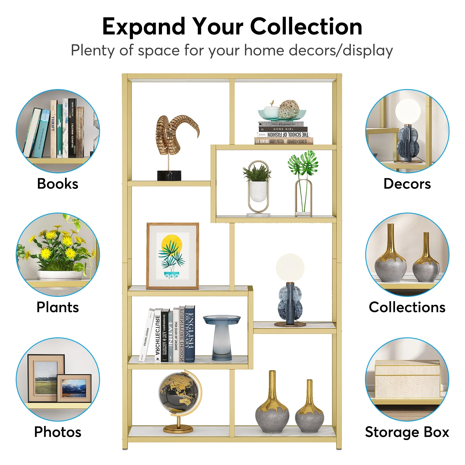 Tribesigns Modern Bookshelf, 8-Open Shelf Etagere Bookcase for Living Room, Home Office (White/Gold)