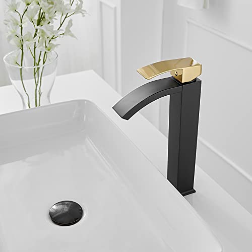 Brushed Nickel Vessel Sink Faucet, Waterfall Bathroom Faucets, Tall Spout Single Handle Single Hole Bathroom Faucets with Pop Up Drain and Without Overflow Basin Faucet Supply Line