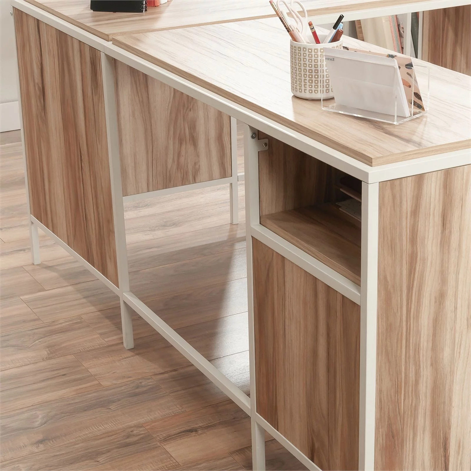 Pemberly Row Engineered Wood L-Desk in Kiln Acacia / Brown Finish