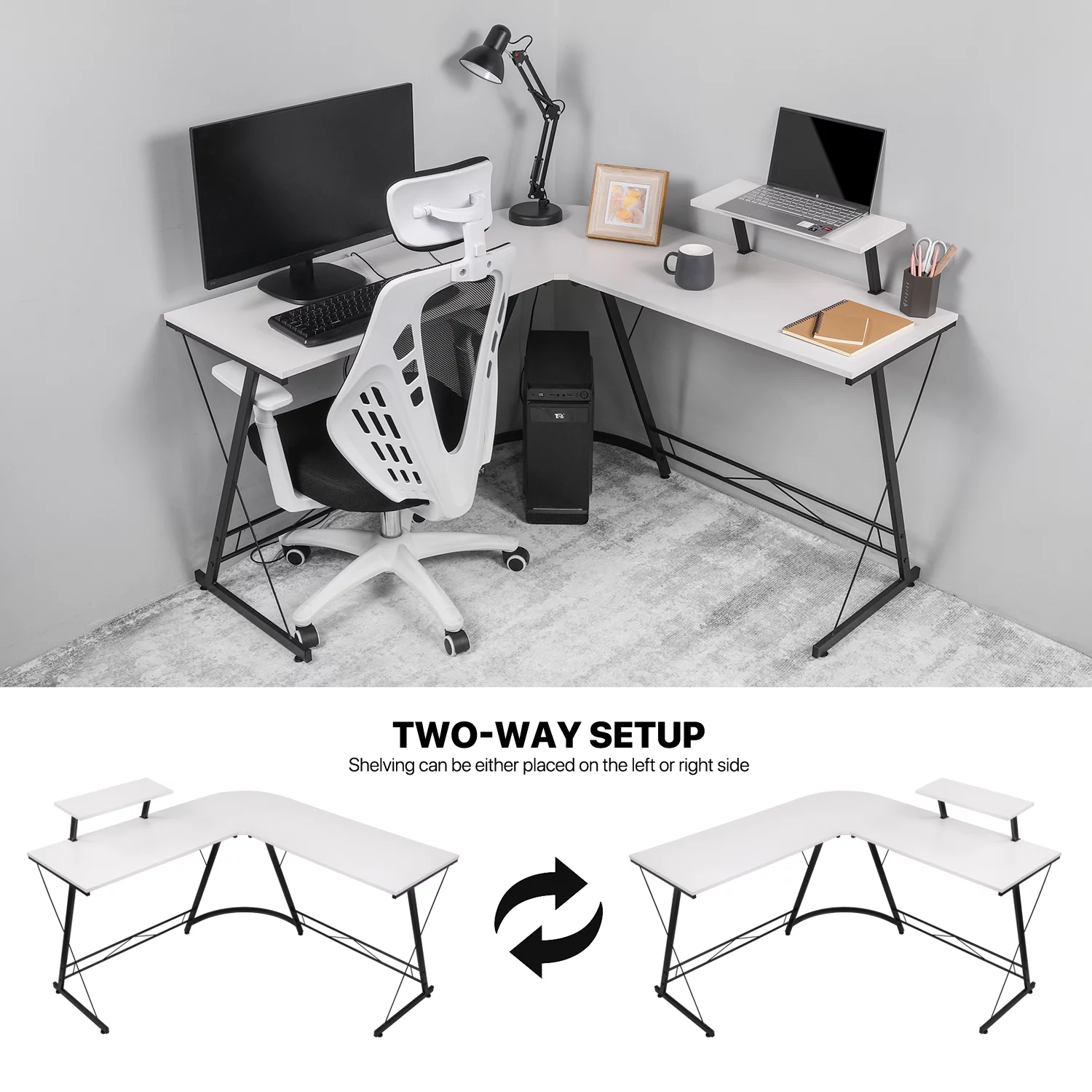 MoNiBloom L Shaped Corner Gaming Desk, Computer Writing Office Table with Monitor Stand, Workstation for Home Office, White