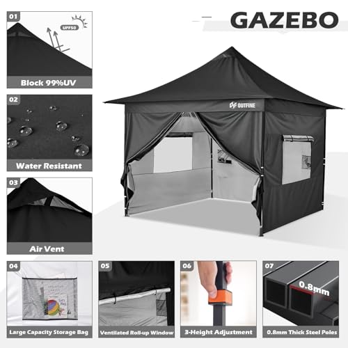 OUTFINE Heavy Duty Canopy 10x10 Pop Up Commercial Canopy Tent with 3 Side Walls Instant Shade, Bonus Upgrade Roller Bag, 4 Weight Bags, Stakes and Ropes (White, 10 * 10FT)