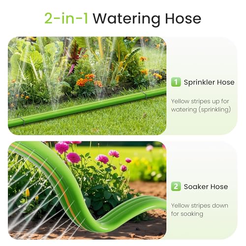 Sprinkler Soaker Hose 50 FT for Yard Garden, Flat Soaker Hose with Stakes, Irrigation Drip Hose, Watering Hose with Holes for Lawn