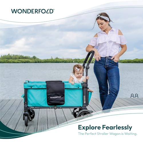 WONDERFOLD W1 Original Double Stroller Wagon (2 Seater) - Collapsible Wagon Stroller with Seats with 5-Point Harnesses, Adjustable Push Handle, and Sun Canopy, Teal Green