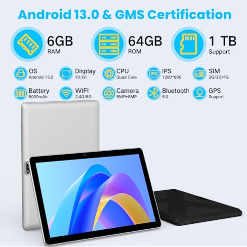 JUNYANG Android 13 Tablet with SIM Card Slot,10.1 Inch Cellular Tablets with Case, 4G LTE Tablet & Phone (Makes Calls), 64GB ROM (1TB Expand), 5MP+8MP Camera BT5.0 GPS 5G WiFi, Parental Control