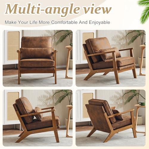 VINGLI Solid Wood Wide Armrests Accent Chair,Upholstered Mid Century Modern Chair with Pillow,Comfy Reading Chair Farmhouse Arm Chair,Chairs Living Room,Bedroom,Guest Room,Linen Fabric,Beige