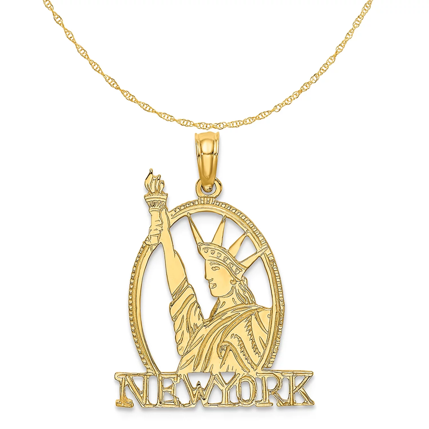 Carat in Karats 14K Yellow Gold Cut-Out New York With Statue Of Liberty Pendant Charm (21mm x 17.6mm) With 10K Yellow Gold Lightweight Rope Chain Necklace 18''