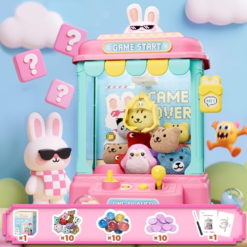 Mini Claw Machine for Kids, Pixel Art Rabbit Vending Machine Toys for Girls, Candy Claw Machines with Plush and Capsule Toy for Age 3+, Birthday Party for 3-8 Years Old Kid