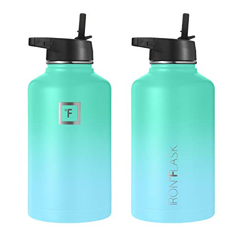 IRON °FLASK Camping & Hiking Hydration Flask with 3 Lids - Stainless Steel, Double Walled & Vacuum Insulated Water Bottle - Leak Proof & BPA Free (Midnight Black, Straw - 40 oz)