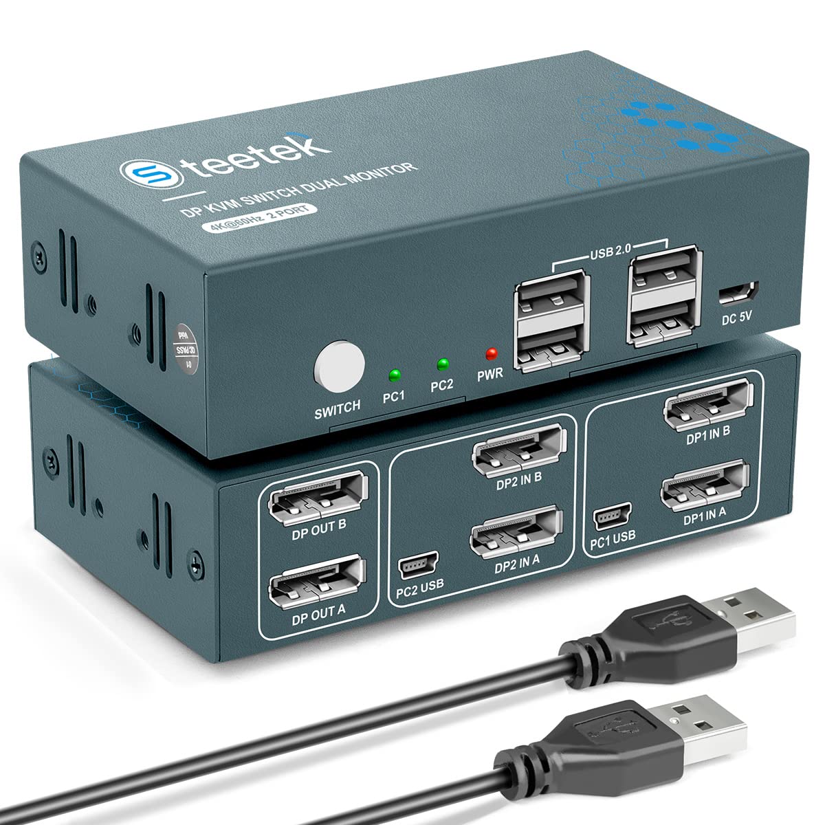 KVM Switch Dual Monitor DP 4K@60Hz Extended Display, Displayport 1.2 KVM Switch 2 in 2 Out with 4 USB 2.0 Hub, PC 2 Monitors Keyboard Mouse Switcher. Come with 4 DP Cables and 2 USB Cables