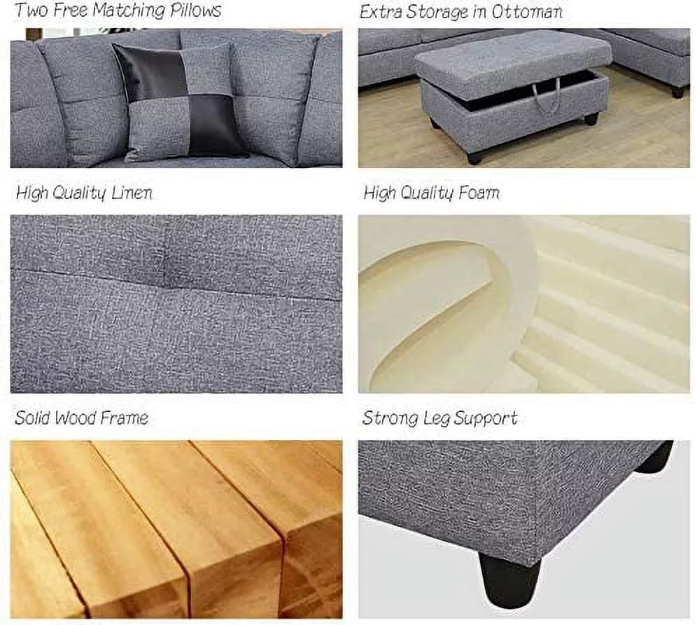 PonLiving 3-PCPiece Sectional Sofa Couch Set, L-Shaped Modern Sofa with Chaise Storage Ottoman and Pillows for Living Room Furniture, Right Hand Facing Sectional Sofa Set