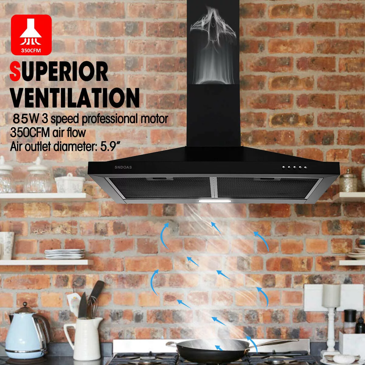 30 inch Stainless Steel Wall Mount Range Hood 350 Cfm Cooking Stove Vented LED Lamp