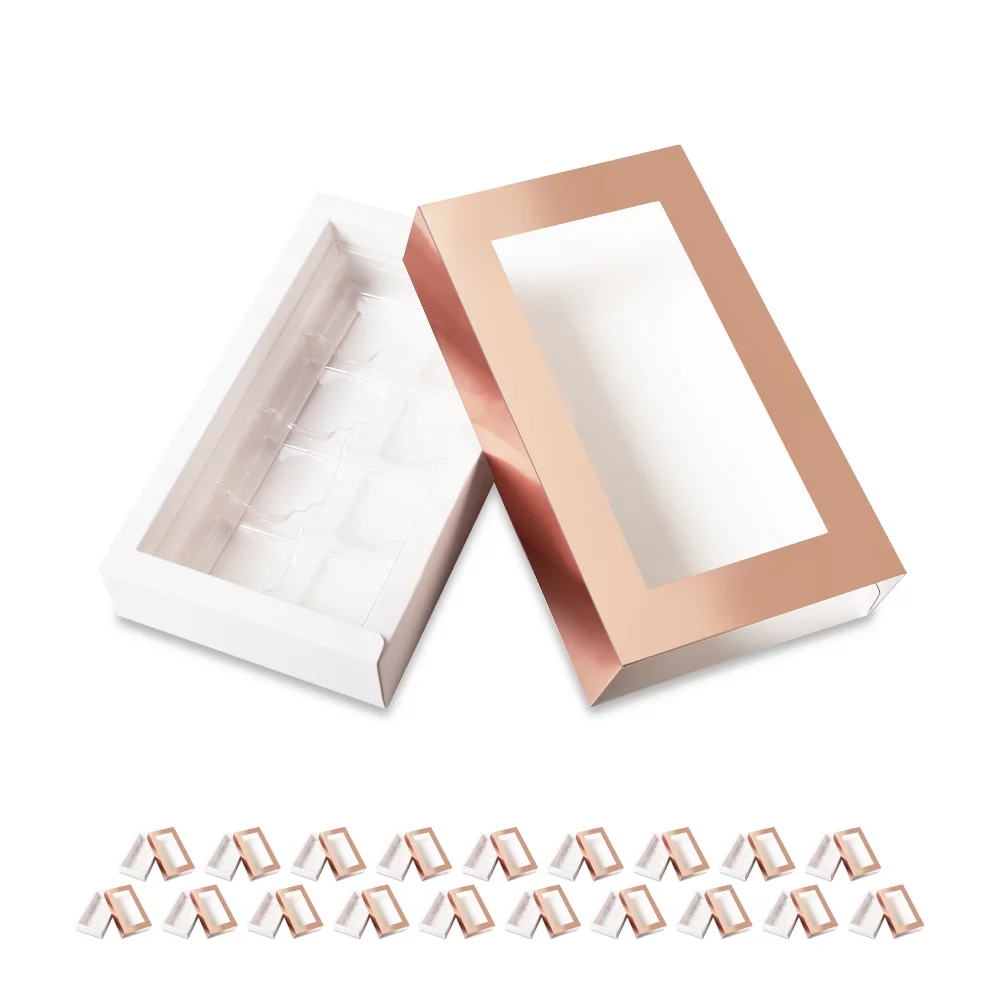 PKGSMART 20 Pack Truffle Boxes Rose Gold, Chocolate Boxes Packaging with 8-Piece Plastics Tray（Tray Size with 5.75x2.75 inches)