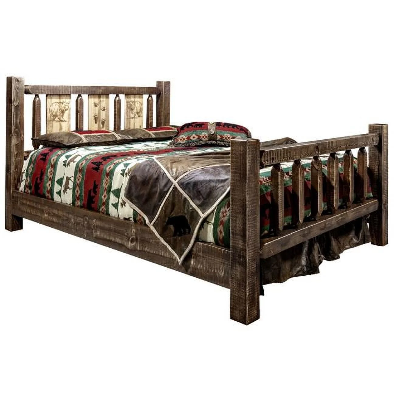 Homestead Collection Queen Size Bed with Laser Engraved Bear Design, Stain & Clear Lacquer Finish